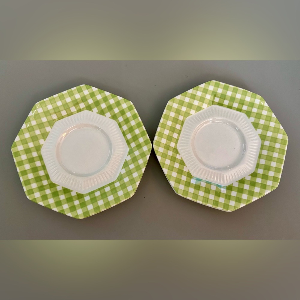 Vintage Independence Ironstone by Interpace Japan Green Gingham Saucers Plates